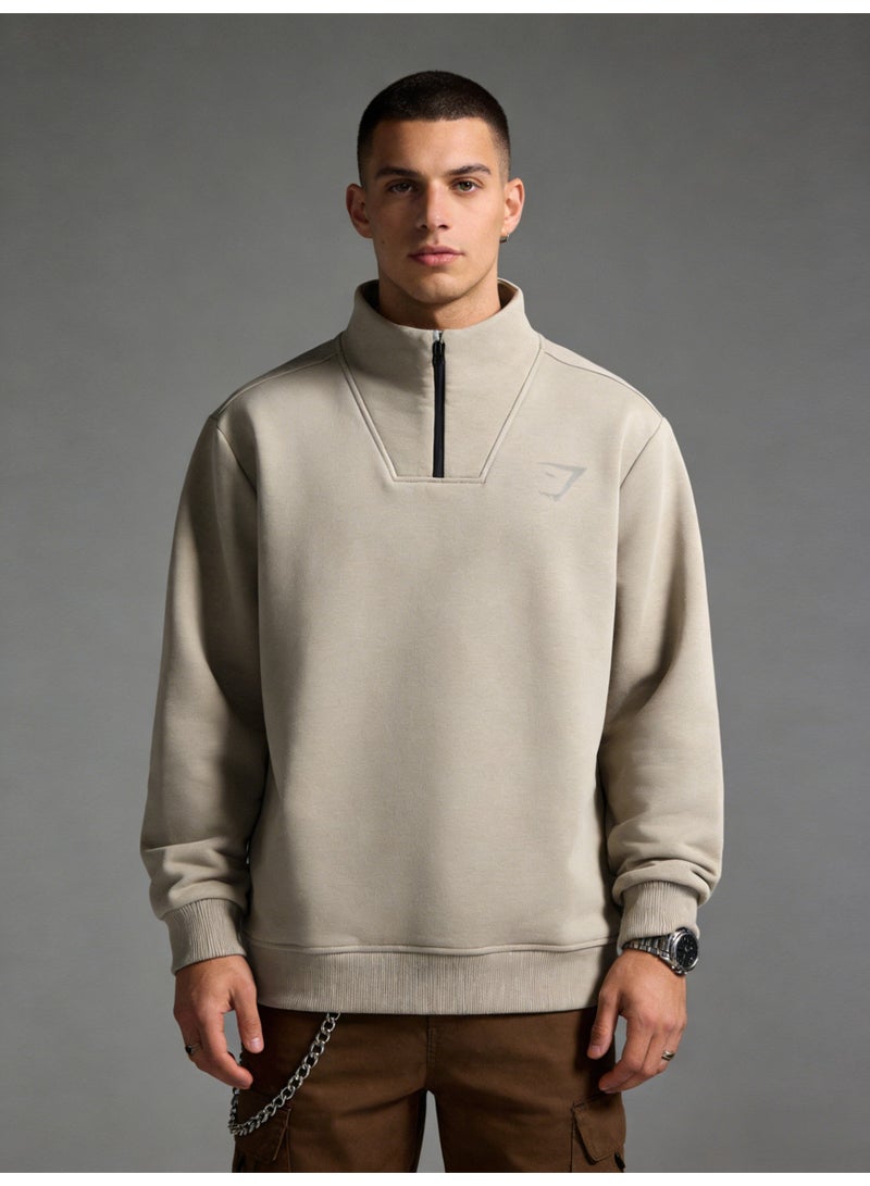 Gymshark beige quarter zip pullover - a large sports shirt with a shiny logo, suitable for neutral sports and casual styles - Image 3